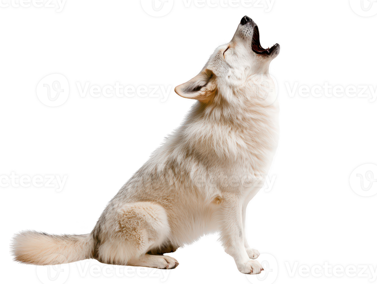 A beautiful white dog howling with its head tilted back, showcasing its expressive features and fluffy fur. image captures moment of emotion and connection with nature png