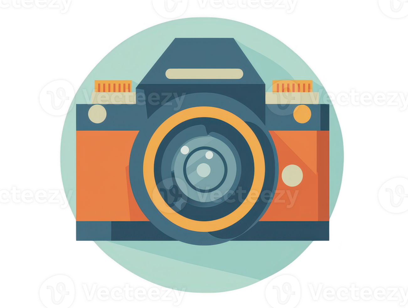 A colorful illustration of vintage camera with round background, showcasing its lens and buttons, evoking sense of nostalgia and creativity png