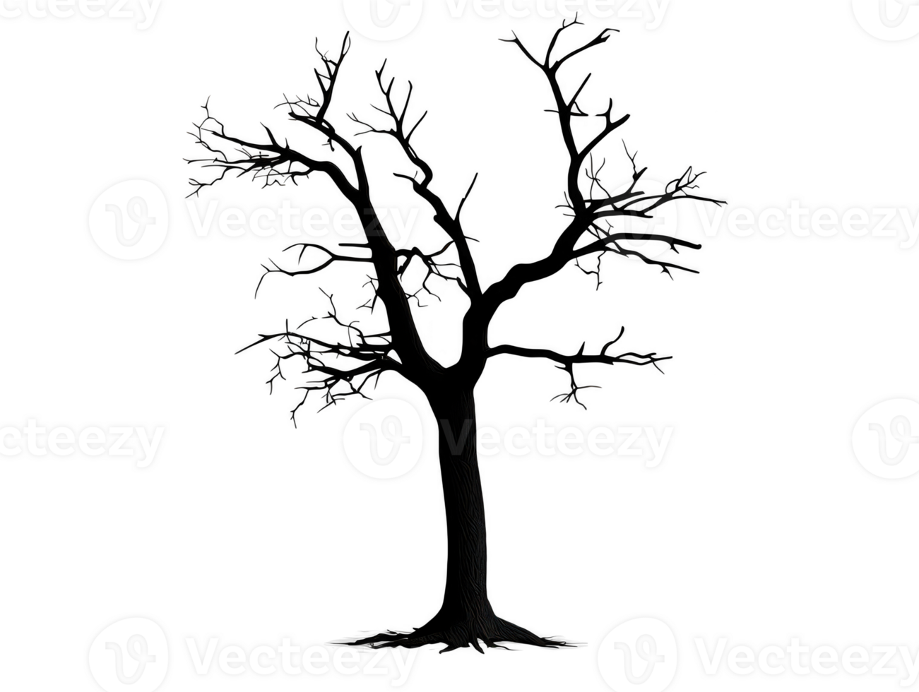A detailed silhouette of barren tree with intricate branches, showcasing its stark beauty and natural form. This evokes sense of solitude and passage of time png