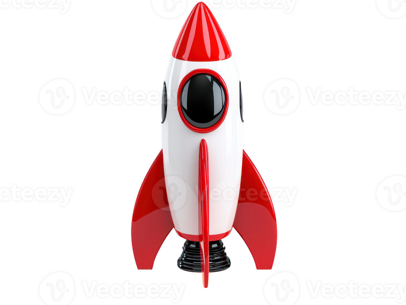 A vibrant rocket with sleek design, featuring white body and red accents, stands upright. Its rounded windows and pointed tip evoke sense of adventure and exploration png