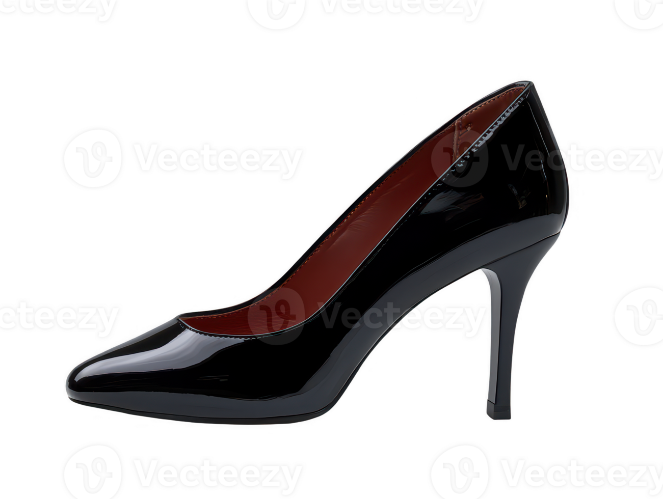 An Elegant high heel shoe, featuring glossy black finish and striking red interior. This stylish footwear is perfect for formal occasions and adds touch of sophistication to any outfit png