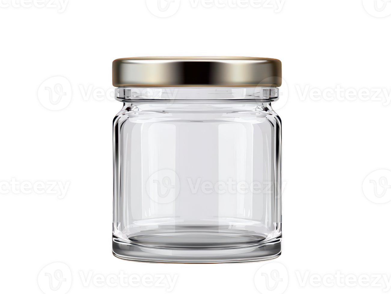 A clear glass jar with metallic lid, perfect for storage or decoration. Its simple design makes it versatile for various uses, adding touch of elegance to any space png
