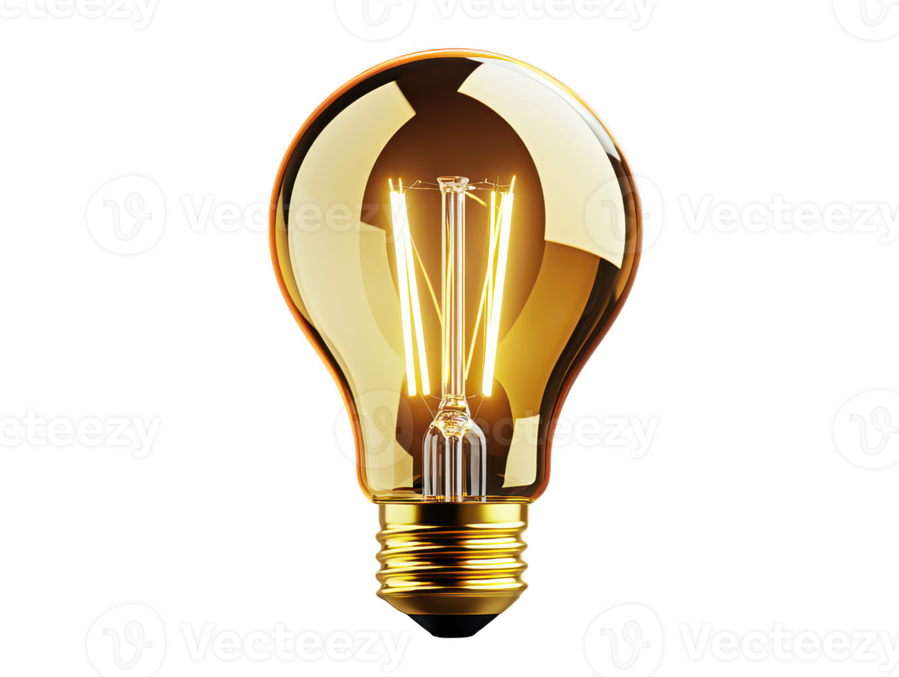 A vintage light bulb with golden finish, showcasing its intricate filament design. warm glow emanating from bulb creates cozy and inviting atmosphere, perfect for home decor png