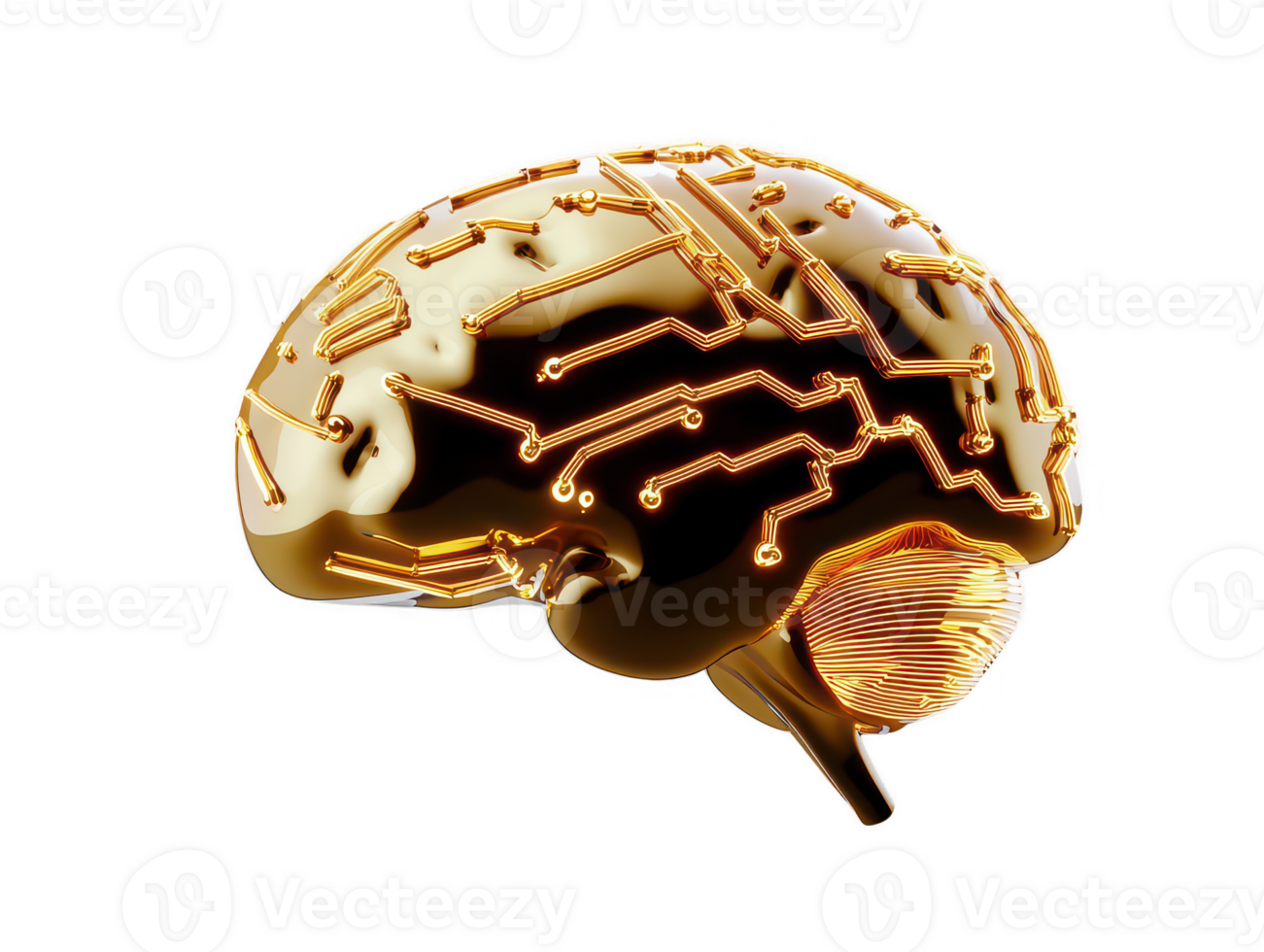 A futuristic brain design featuring intricate circuitry and glowing elements, symbolizing fusion of technology and human intelligence. This representation evokes sense of innovation and advanced png