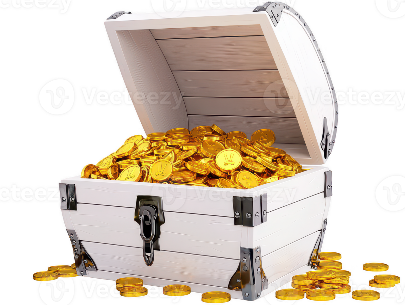 A treasure chest overflowing with shiny gold coins, symbolizing wealth and prosperity. chest is crafted from wood, featuring metallic accents, and is surrounded by scattered coins, evoking sense png
