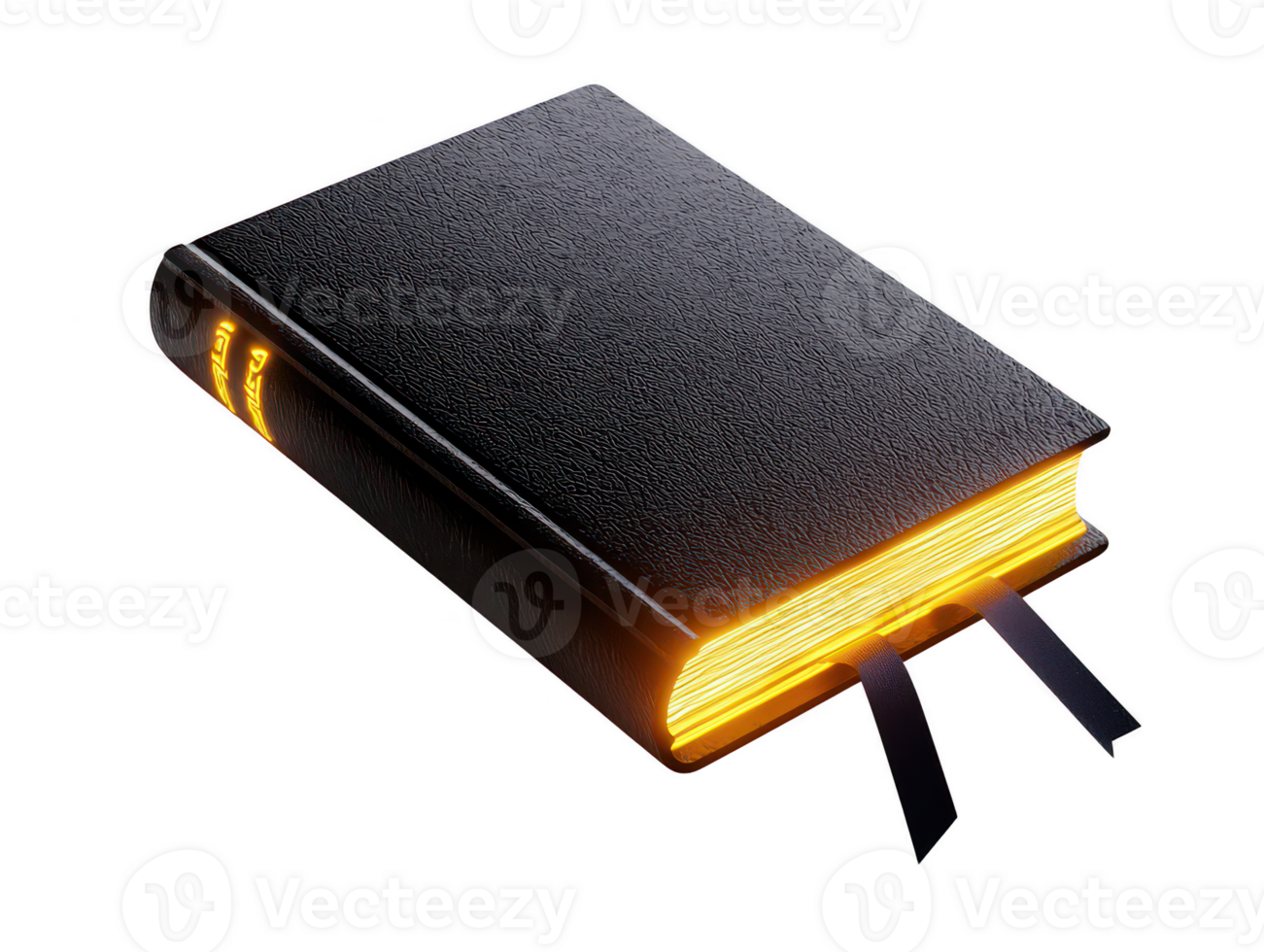 A sleek, black book with textured cover and glowing yellow pages, featuring two bookmarks peeking out. This evokes sense of mystery and knowledge, perfect for literary themes png
