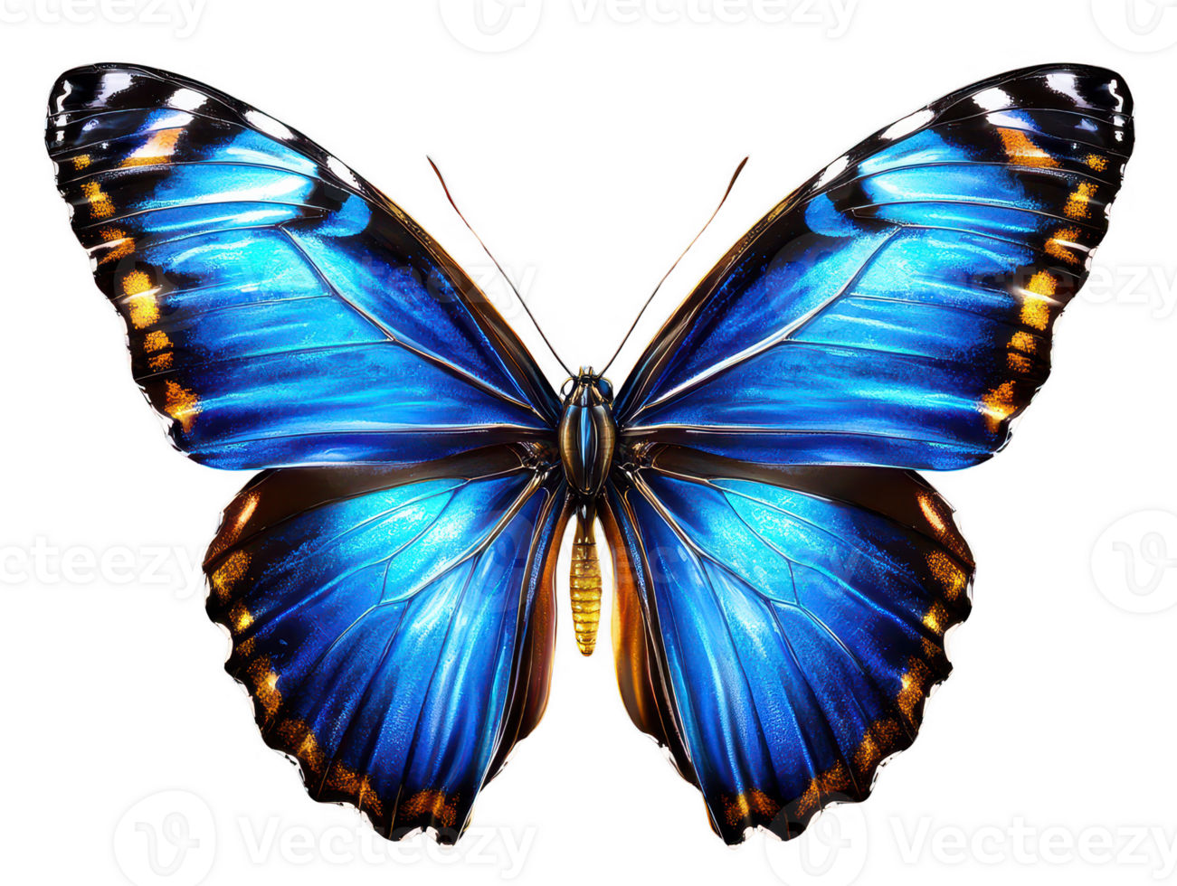 A vibrant blue butterfly with striking iridescent wings showcases intricate patterns and textures, symbolizing beauty and transformation nature. Its vivid colors captivate viewer attention png