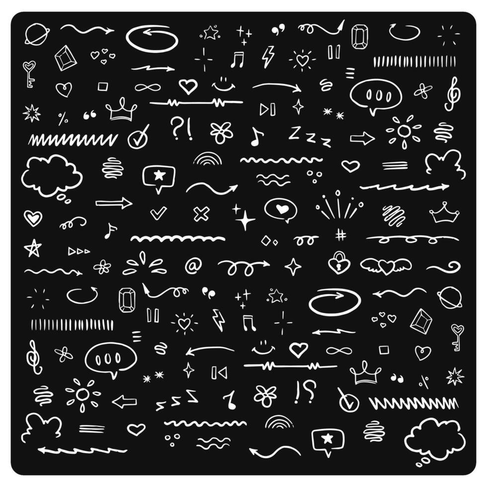 collection of childish hand drawn doodles. Kid style scribbles flowers, crowns, hearts and weather icons on black background vector