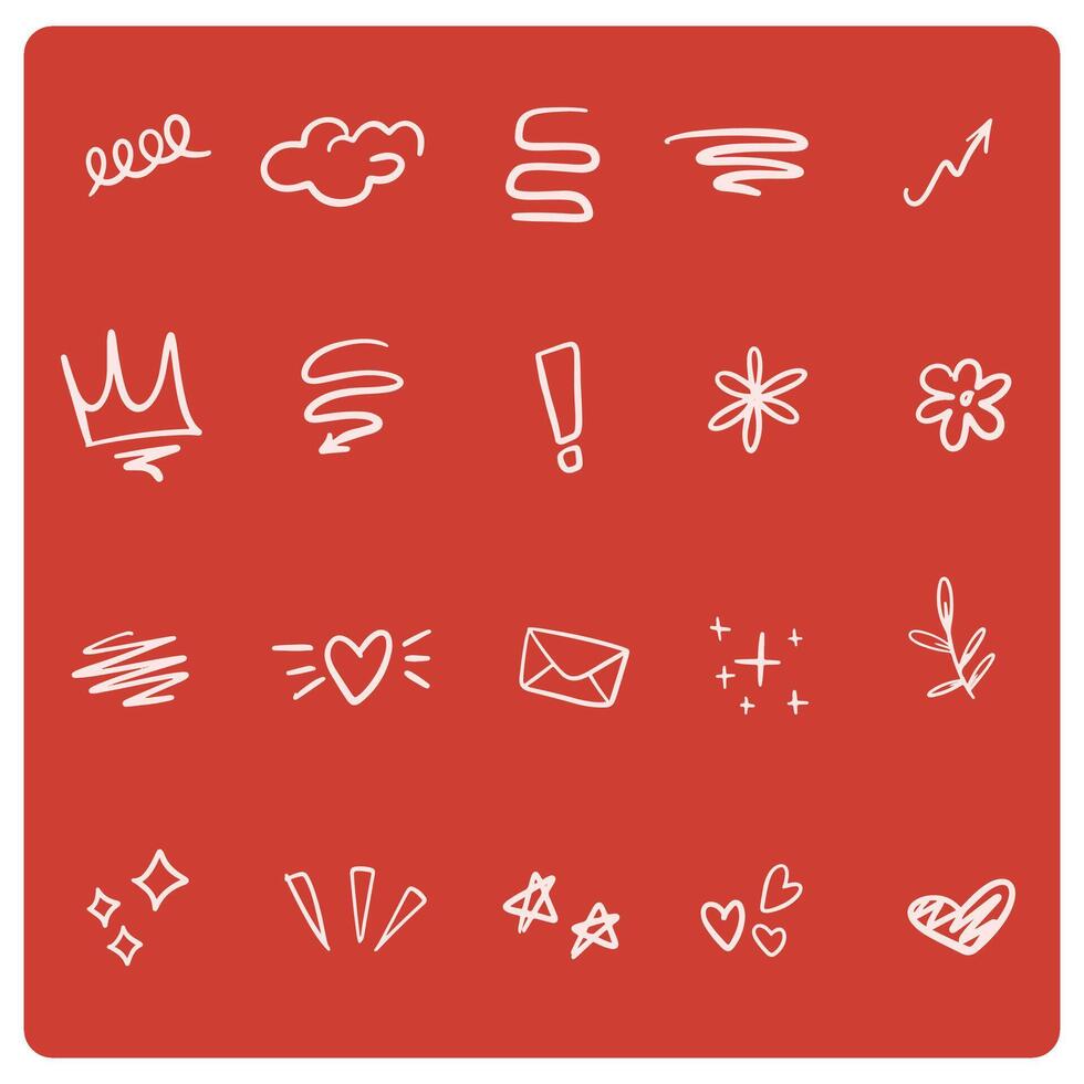 Collection of red doodles arrows, clouds, swirls, and crowns. Playful doodles, red lines, and whimsical shape vector