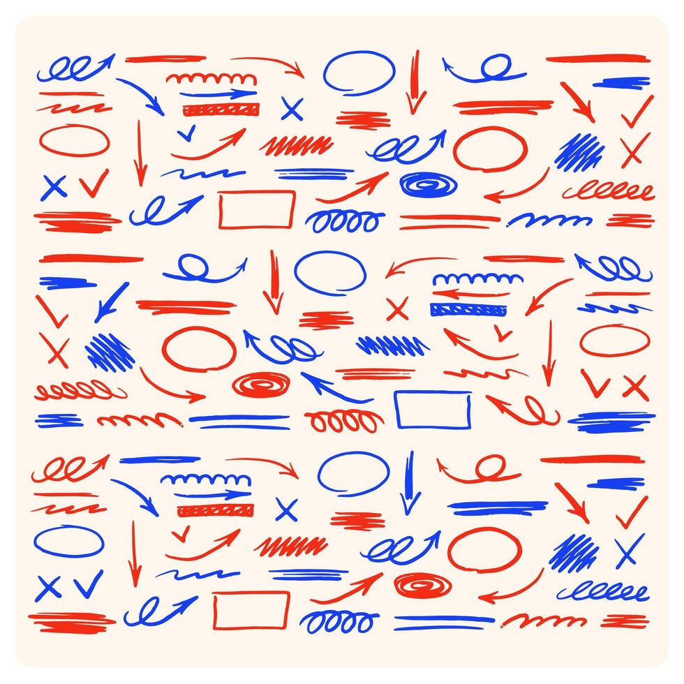 Set of cute elements with cartoon comic effect in red and blue colors on cream background. vector
