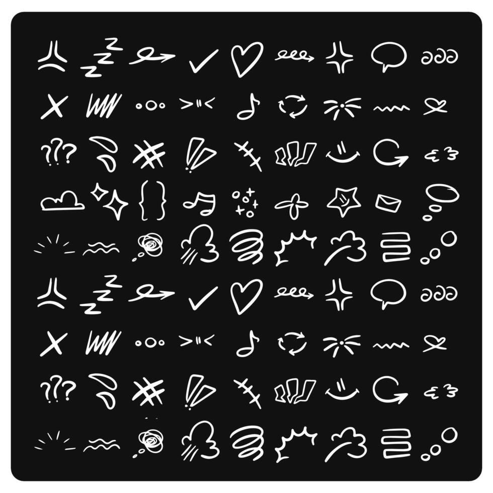 Set of cute doodle element. Hand drawn pen line doodle style on black background vector