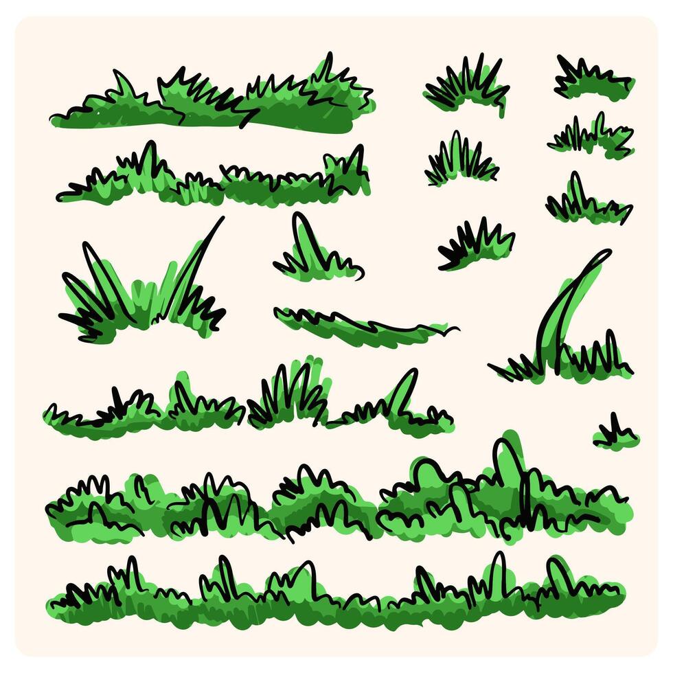 illustration green grass, collection. Nature illustration, land ecosystem grass. grass and flowers with doodle style drawing vector