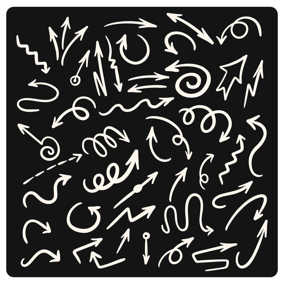 Big set of chalk pencil, brush stroke arrows on black background vector