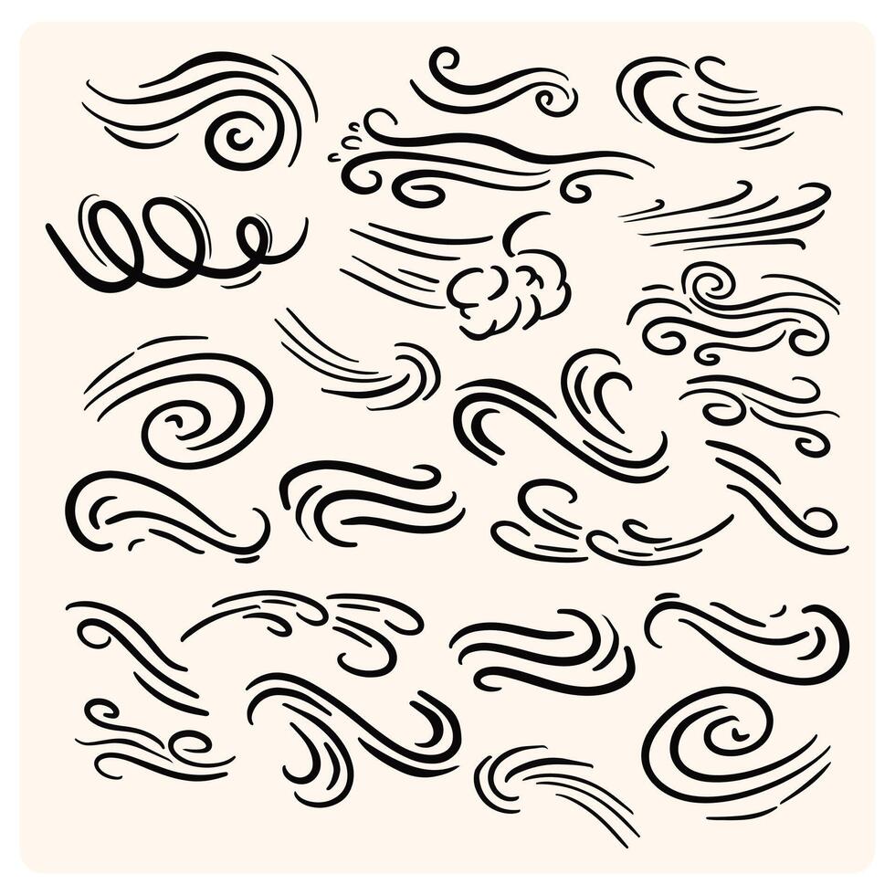 Doodle wind air motion depicts invisible dance of blowing wind, gentle motion of air with flowing lines and swirl vector