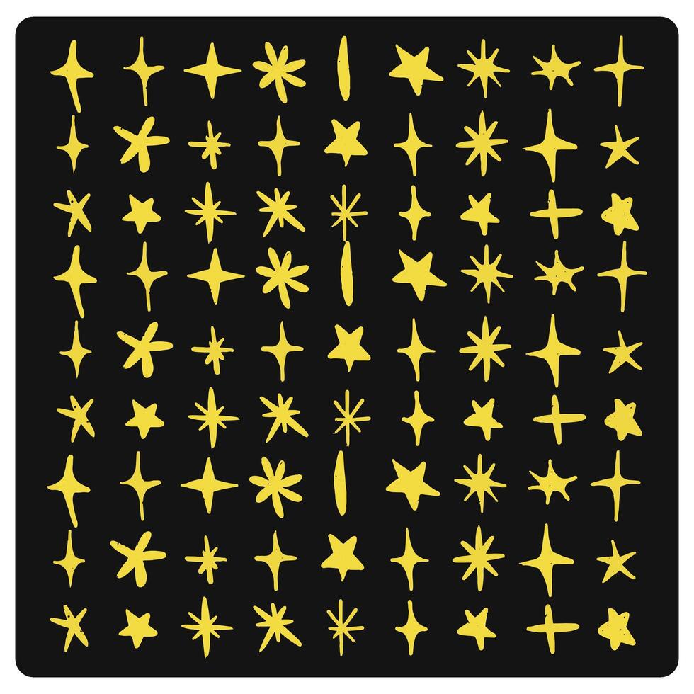 gold chalk crayon doodle stars set on black background vector