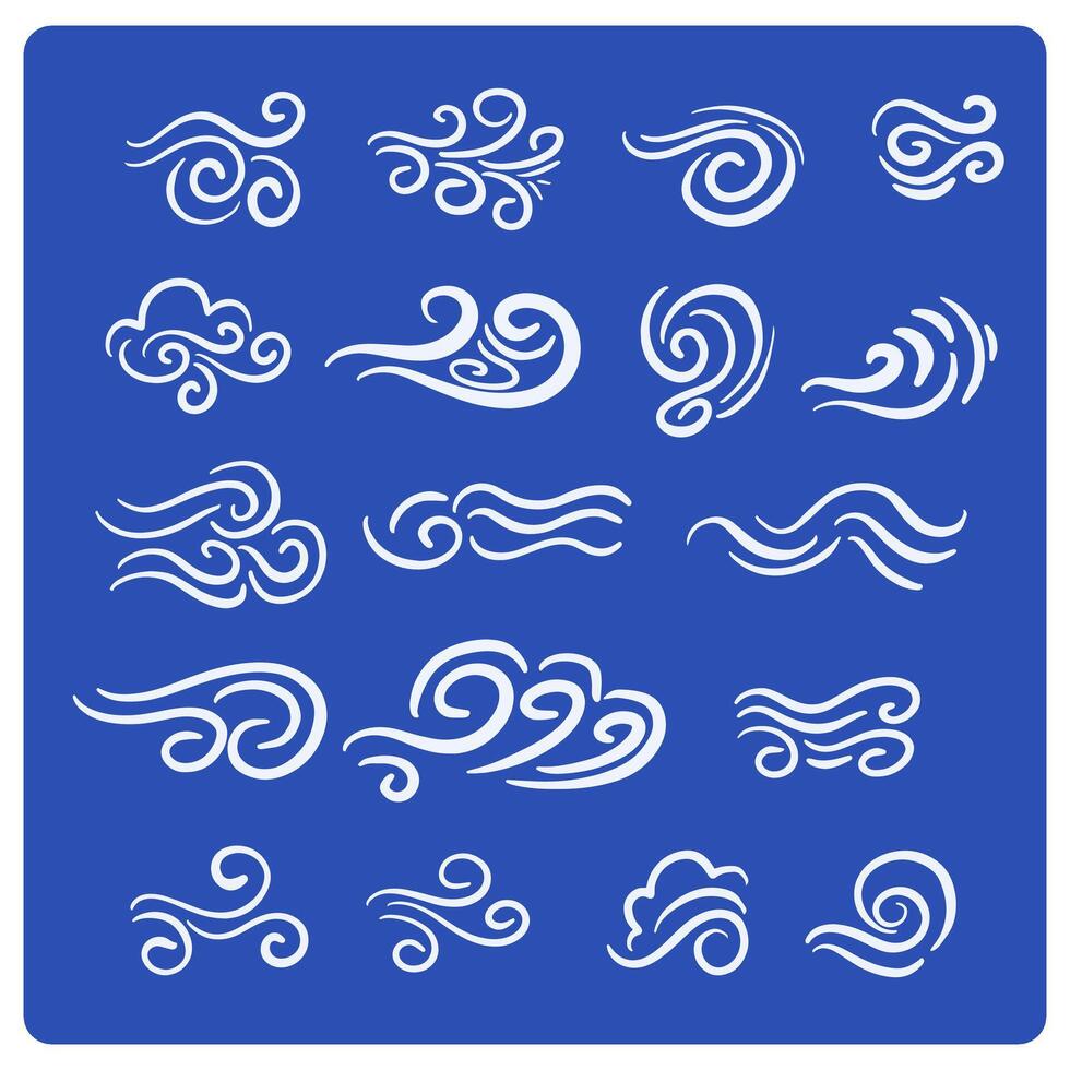 Doodle wind motion. Isolated set of abstract air swirls, blow waves, curve spirals on black background vector