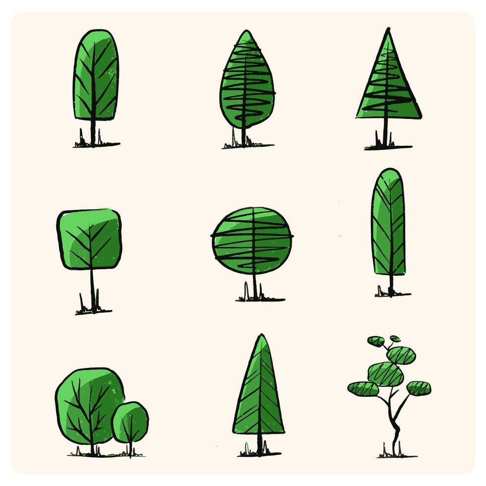 Collage of trees bushes shrubs cute stylized illustration vector