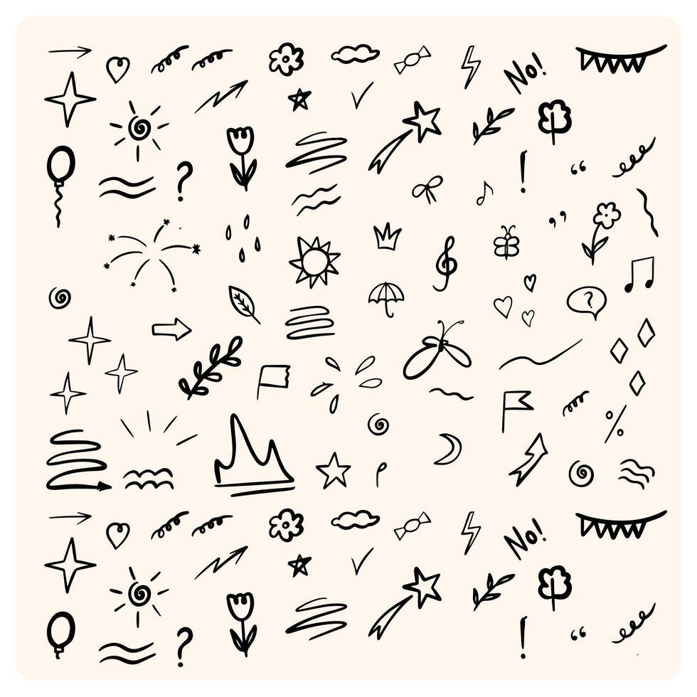 Sketch line cute star element, arrow, heart shape with doodle style drawing vector