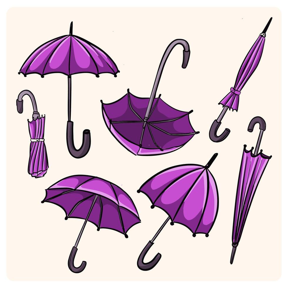 Cute spring umbrella collection with doodle style drawing vector