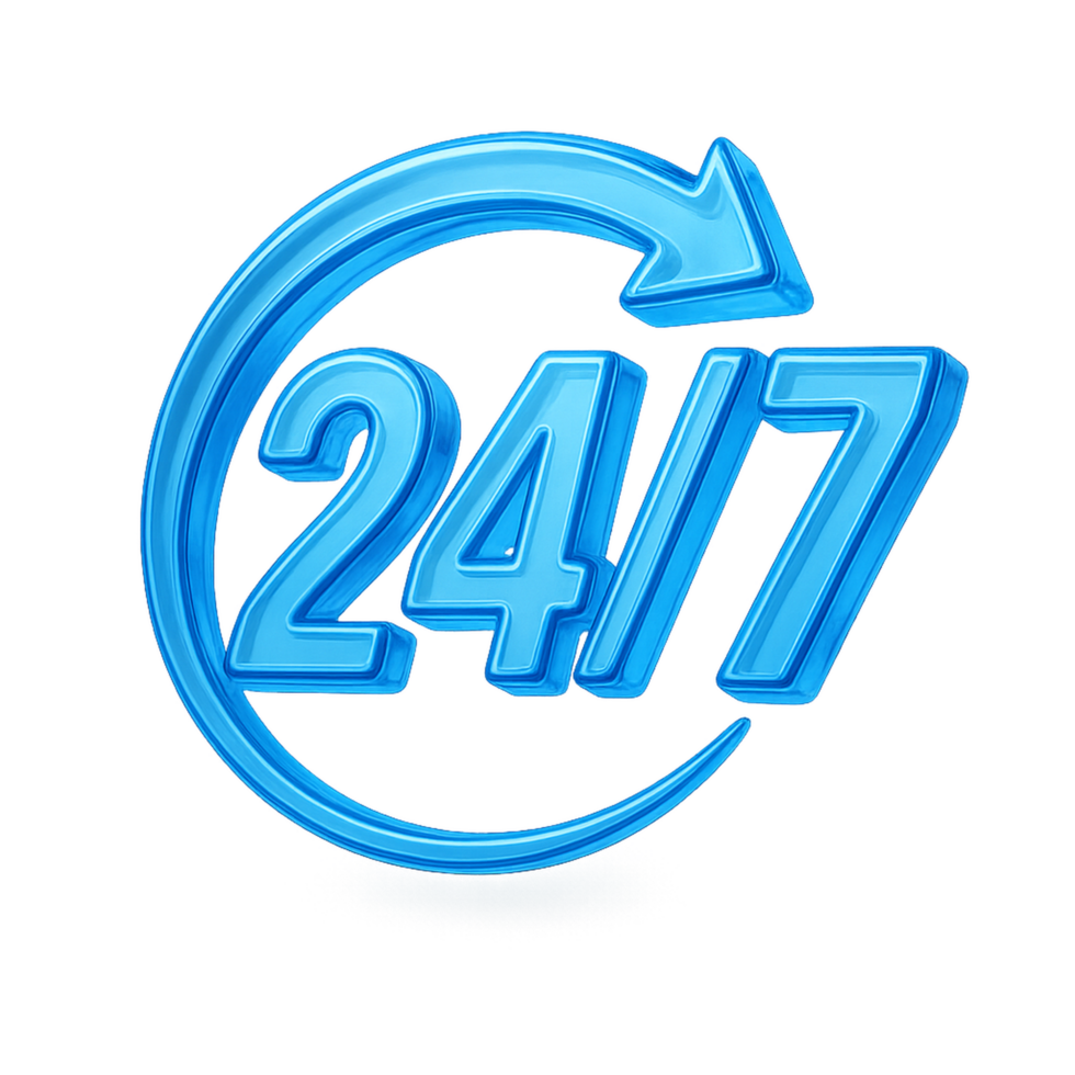 Glossy blue 24 7 number with circular arrow icon on transparent background, representing nonstop availability, full-time service, or around-the-clock support in 3D style png