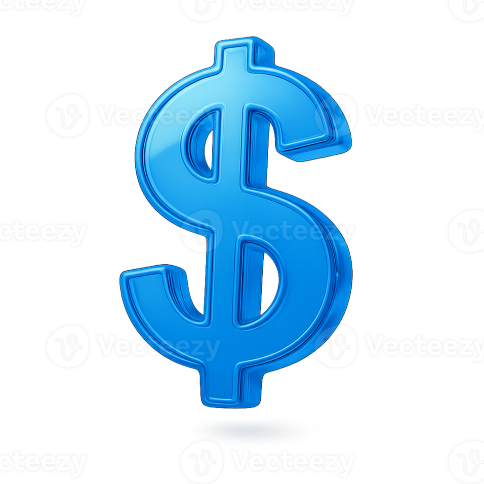 Glossy blue dollar sign icon on transparent background, 3D illustration representing money, finance, currency, payment, banking, and economic concepts in digital design png