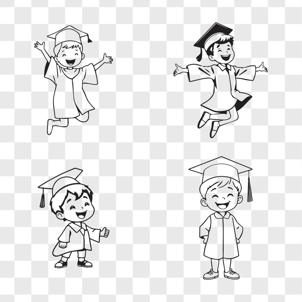 Set of Joyful child in graduation attire minimal black silhouette vector