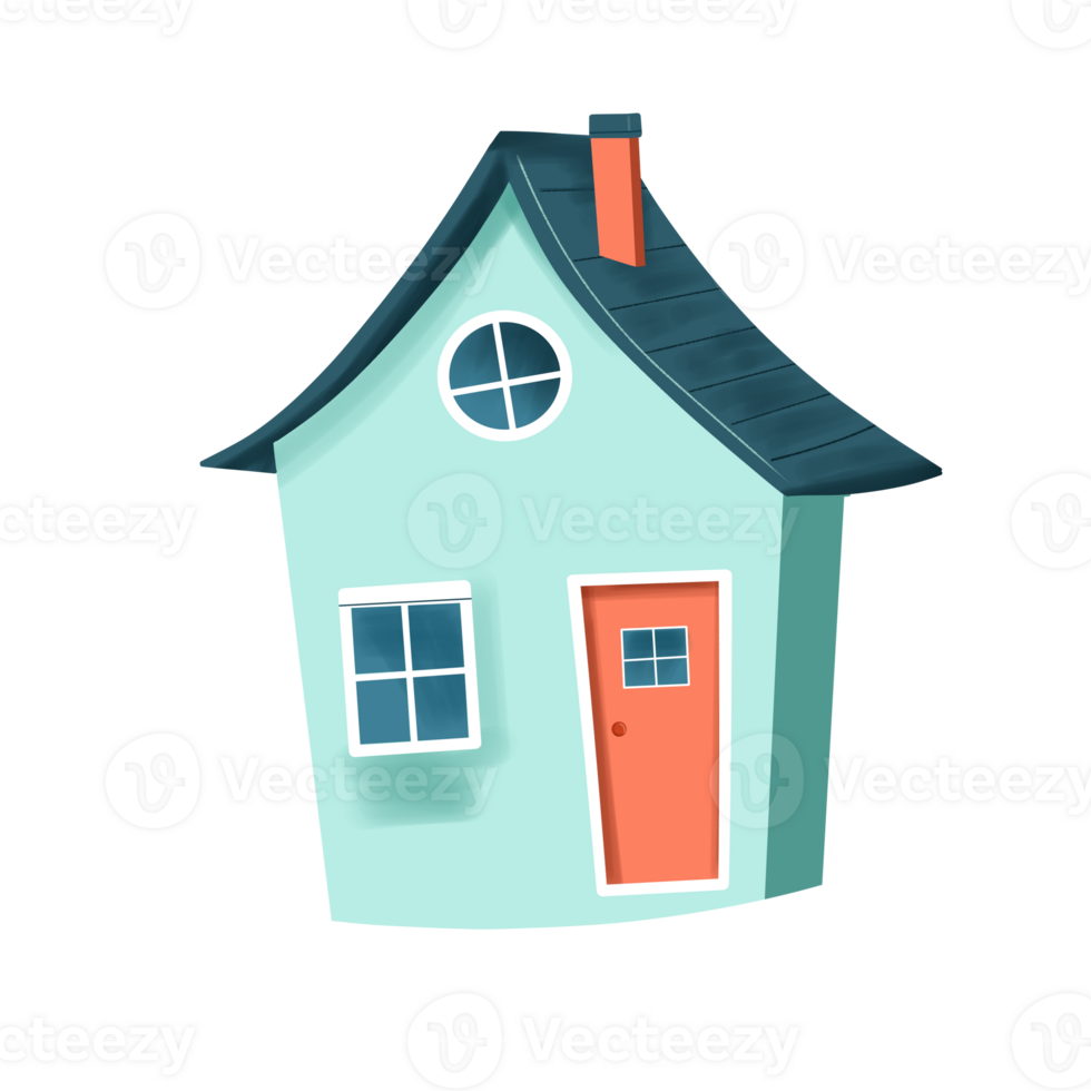 A cartoon house with a blue roof and orange door png
