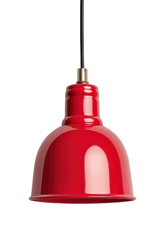 Red metal pendant light with a glossy finish and modern design. Features a curved shade, black cord, and brass fixture, perfect for interior decor. Isolated on transparent background. png