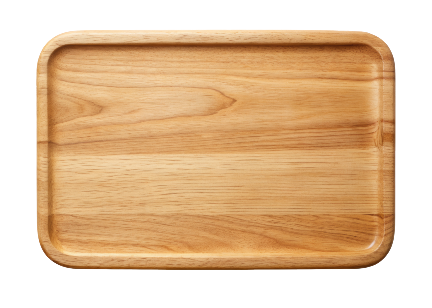 Rectangular wooden tray with a smooth surface featuring natural wood grain and polished edges. Suitable for serving or decorative purposes. Isolated on transparent background. png