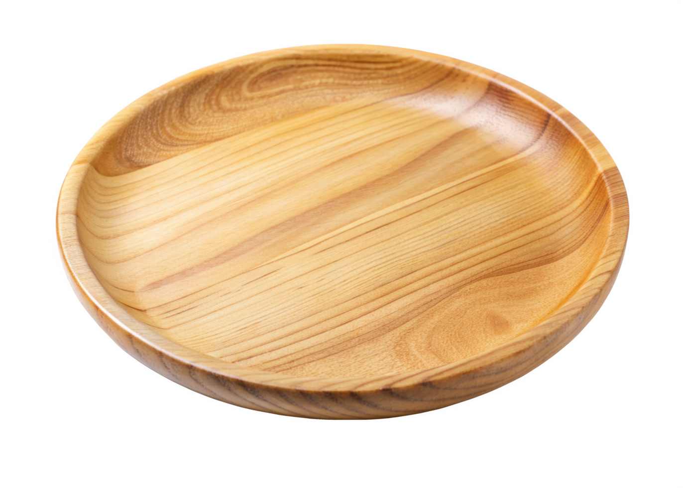 Round wooden plate displaying a natural grain pattern, featuring a smooth, polished surface ideal for serving or decoration. Isolated on transparent background. png