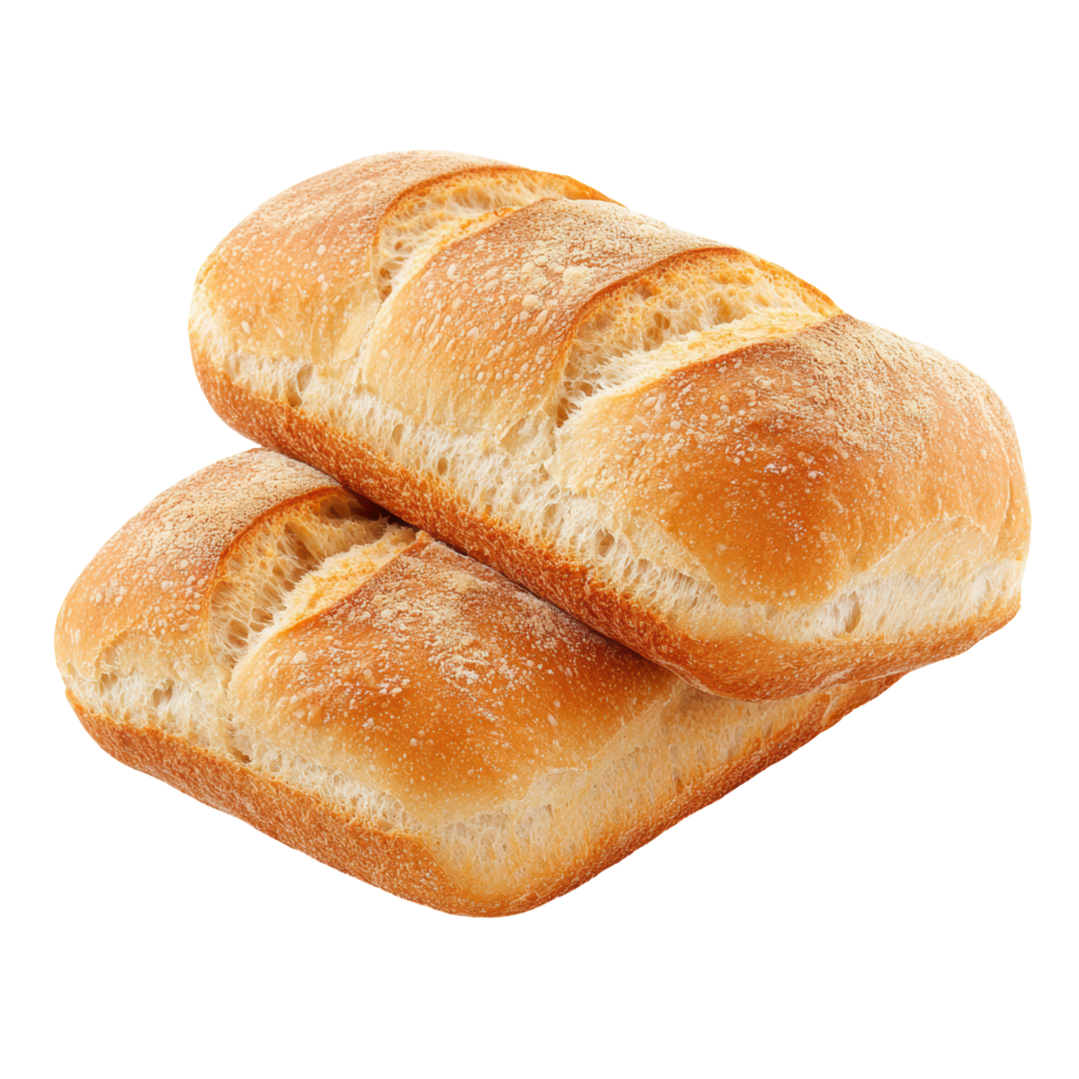 Two golden crusty bread loaves stacked together. The fresh-baked bread has a crispy outer crust and a soft interior, perfect for sandwiches and meals. Isolated on transparent background. png