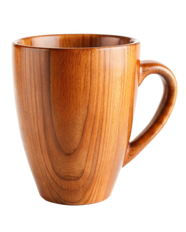 Wooden mug with smooth polished surface, featuring natural wood grain patterns and rounded handle. Suitable for rustic decor, beverages, or aesthetic displays. Isolated on transparent background. png