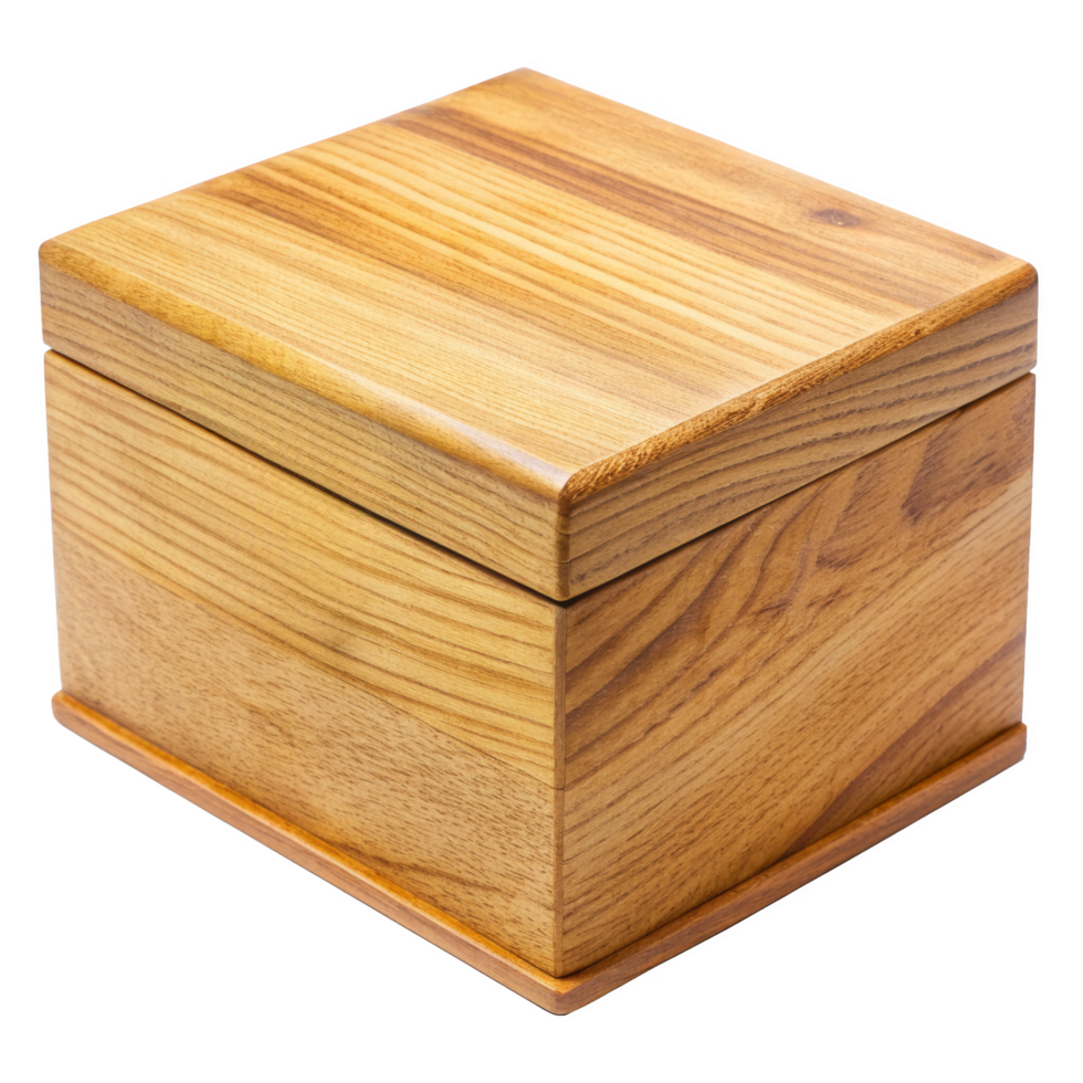 Wooden storage box with a smooth finish featuring natural grain patterns and a minimalist design. Ideal for organizing items or decorative purposes. Isolated on transparent background. png