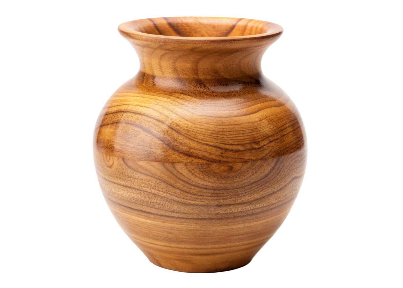 Wooden vase featuring a smooth polished surface with natural grain patterns. Perfect for rustic decor, floral arrangements, or ornamental displays. Isolated on transparent background. png