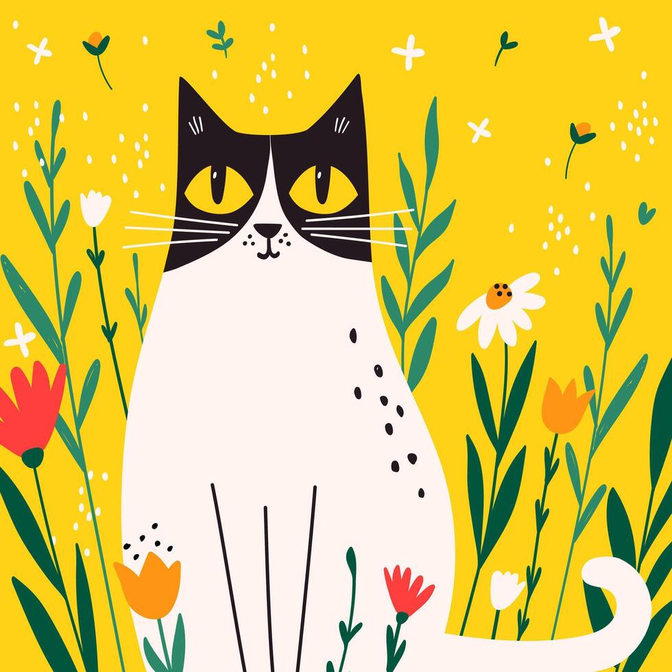 Card with cute cat in flowers on yellow backgrounds. vector