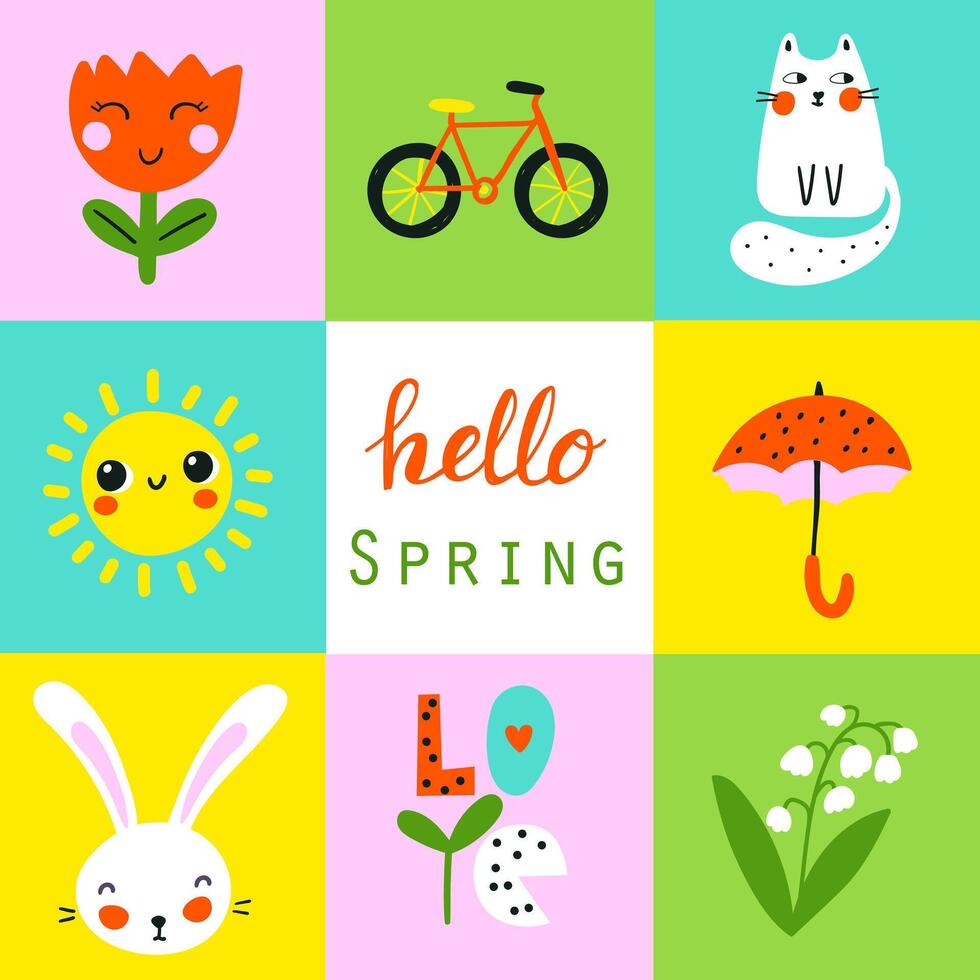 Spring card with flowers, bunny, cat. vector