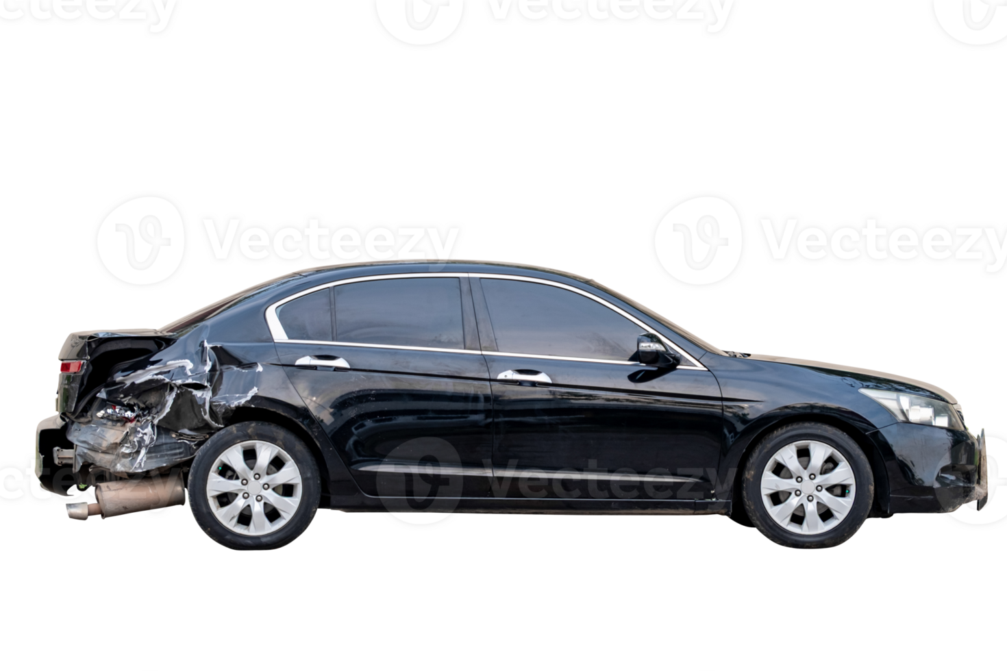 Car crash, Side view of black sedan car get damaged by accident on the road. damaged cars after collision. isolated on transparent background, car crash bumper graphic design element, File png