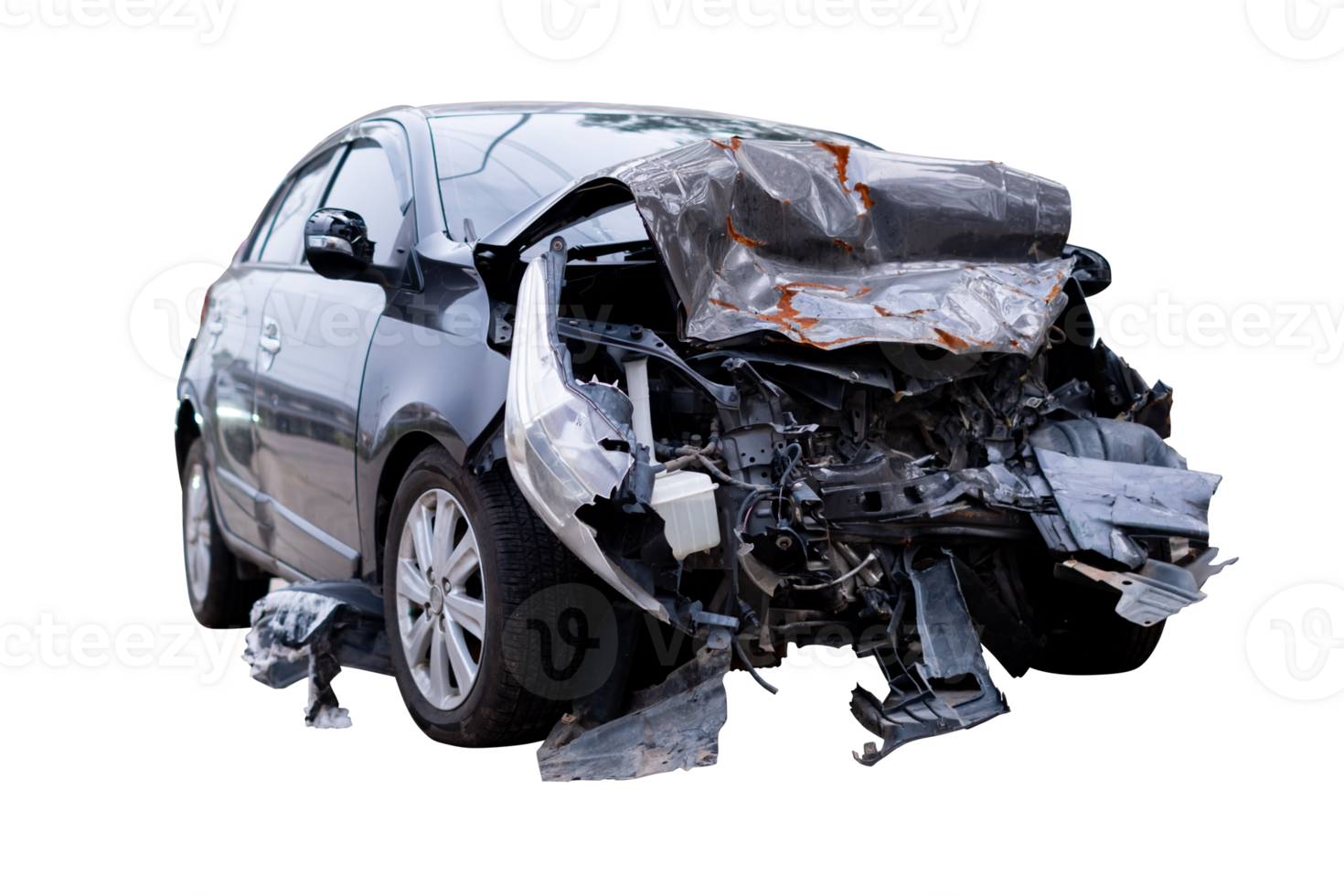 Car crash, Front view of modern black sedan car get damaged by accident on the road. damaged cars after collision. isolated on transparent background. File png
