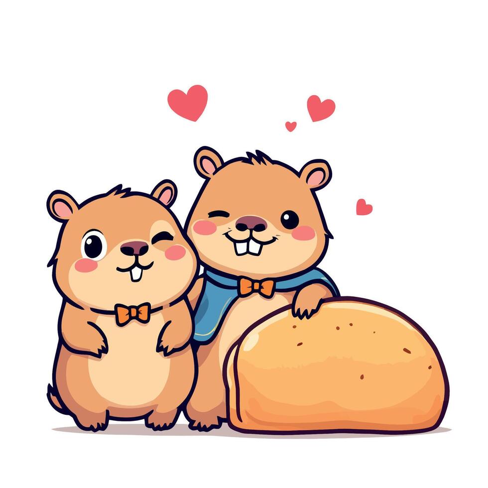 Two cute hamsters showing love and enjoying bread together vector