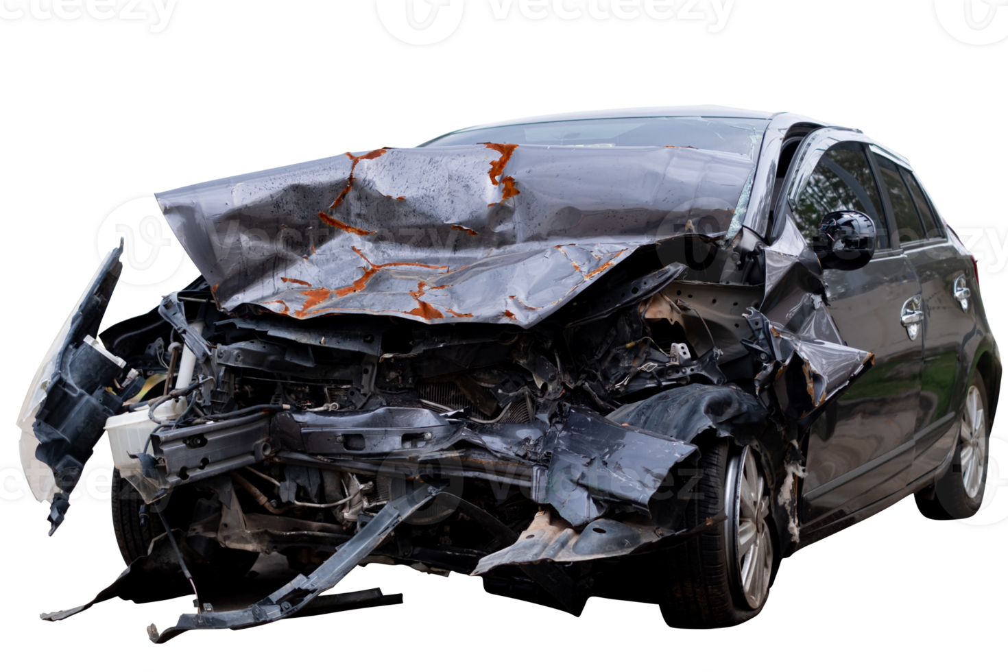 Car crash, Front view of black sedan car get damaged by accident on the road. damaged cars after collision. isolated on transparent background, car crash bumper graphic png