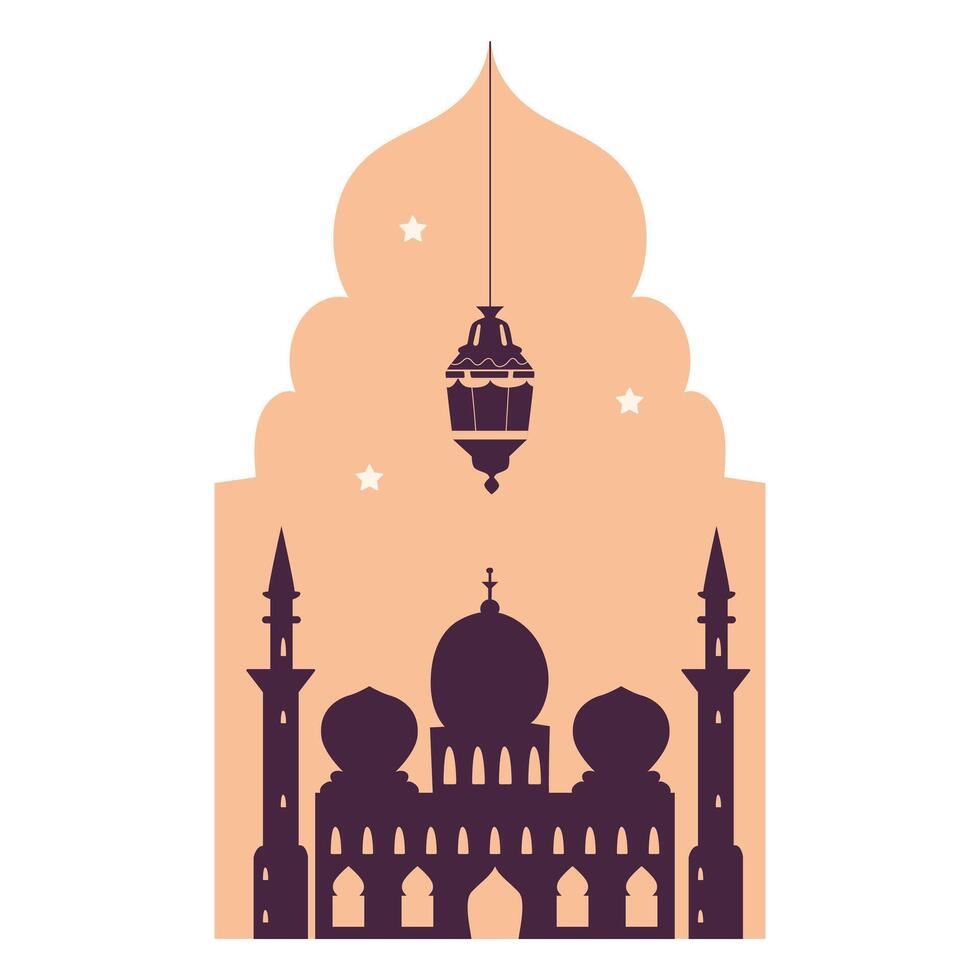 Arabian window shape with silhoutte of mosque, minarets, lantern flat illustration. vector
