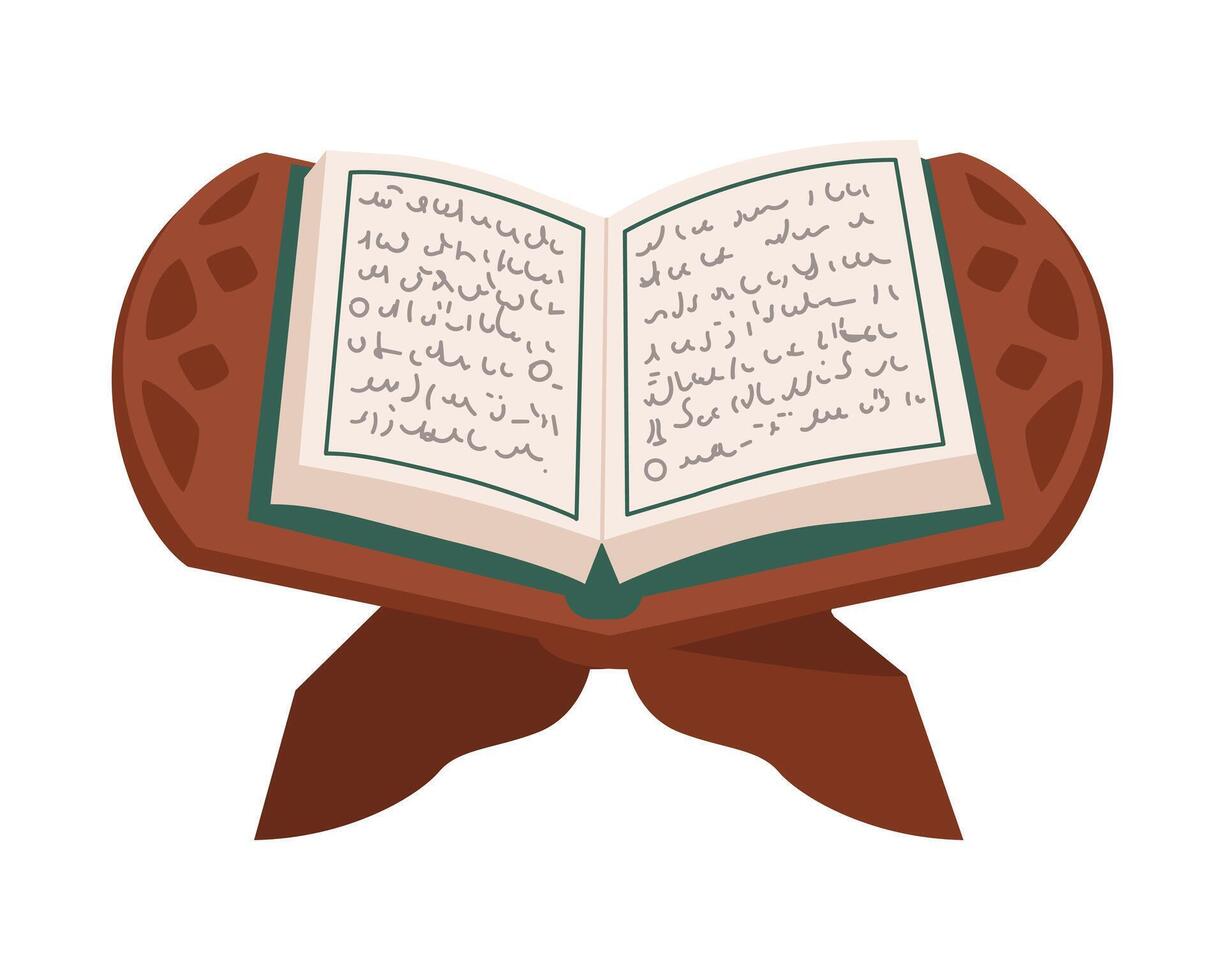 Islamic open holy book Quran on a wooden stand flat illustration isolated on white. vector