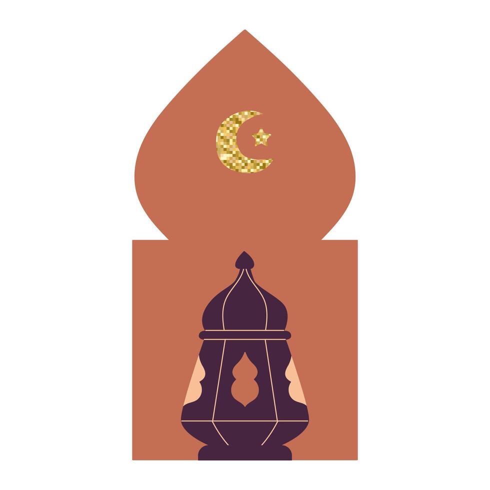 Arabian window shape with golden crescent moon and star, lantern flat illustration. vector