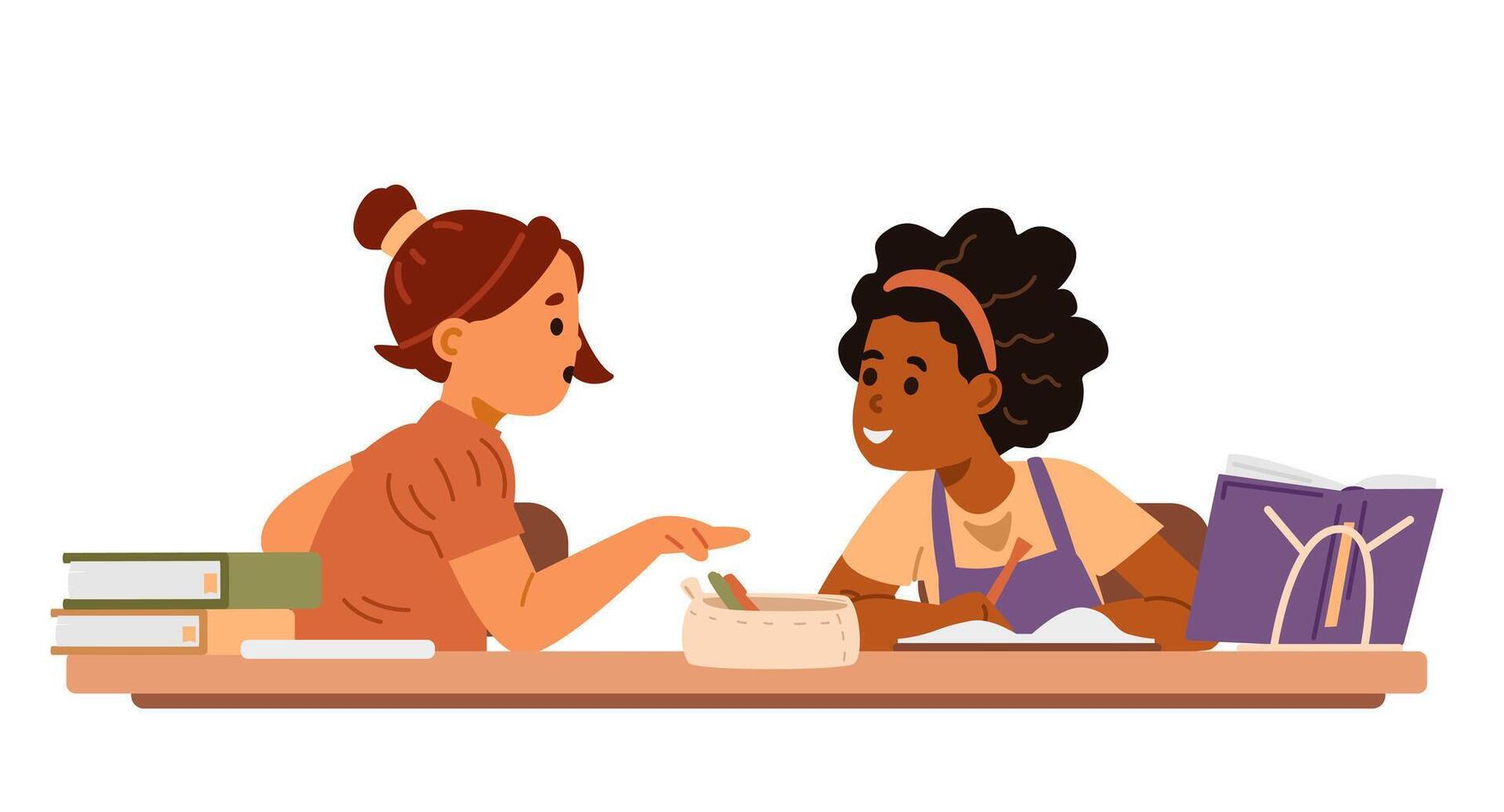 Two girls classmates of different ethnicity sitting together at desk chatting in classroom flat illustration isolated on white. vector