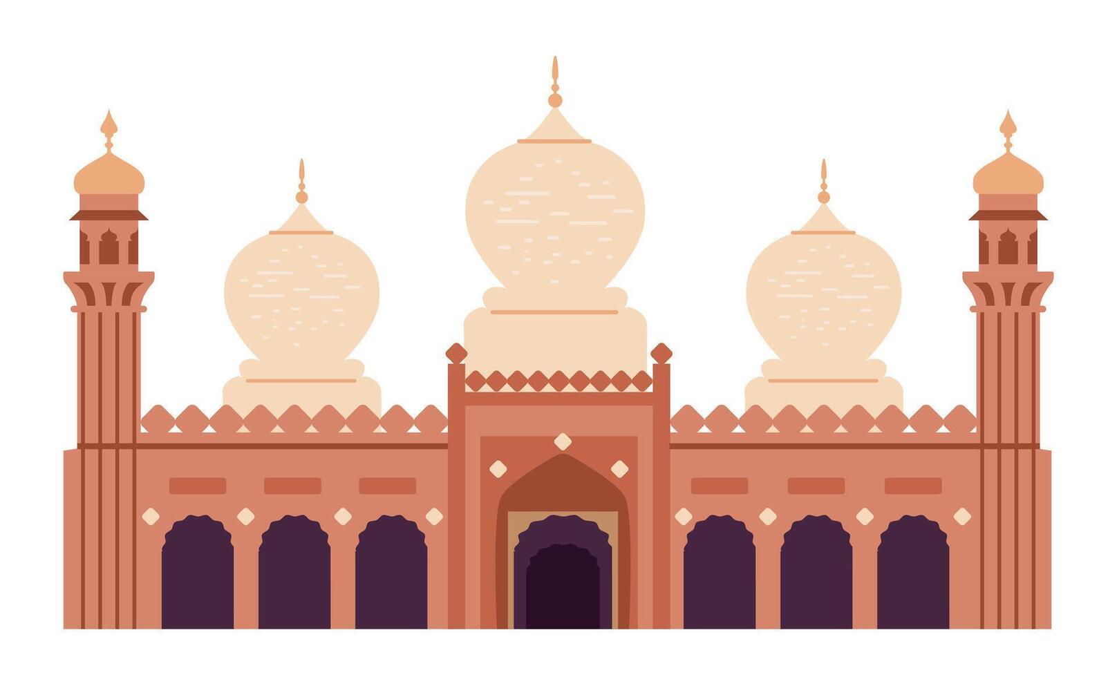 Ancient mosque building exterior with minarets flat illustration isolated on white. Islamic religious architecture. vector