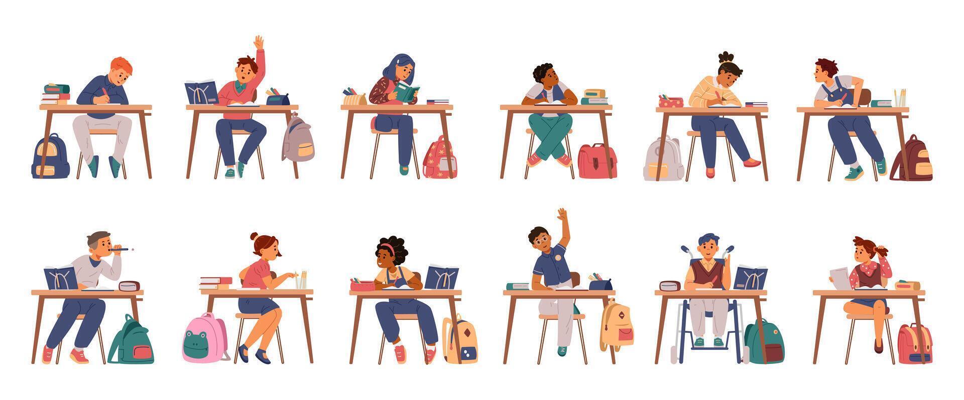 School children sitting at desks studying flat illustrations set isolated on white. Pupils of different races and abilities with school supplies and backpacks. vector