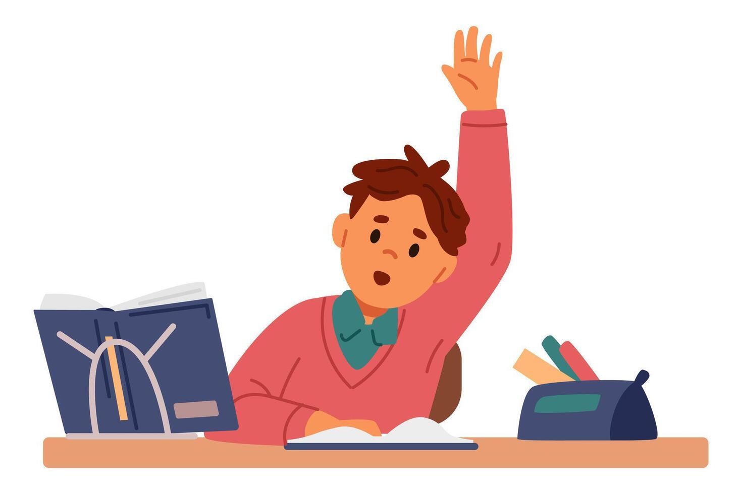 School boy sitting at desk with textbook raising hand flat illustration isolated on white. vector
