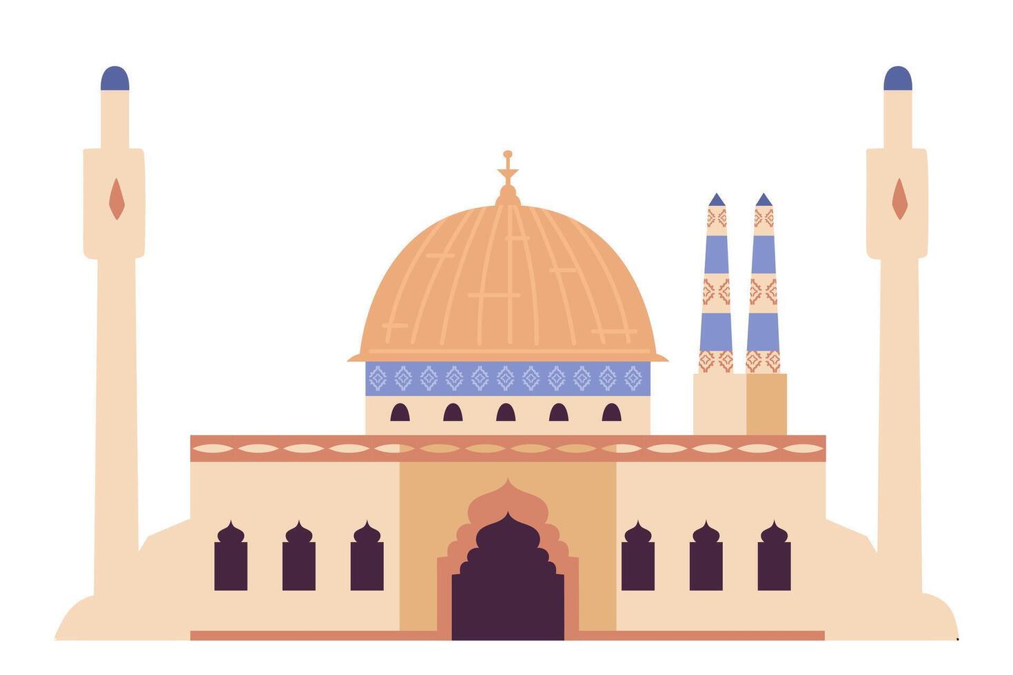 Mosque building exterior with minarets flat illustration isolated on white. Islamic religious architecture. vector