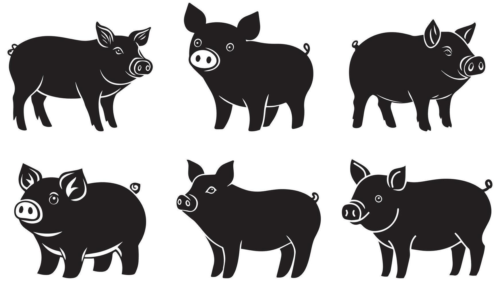 Pig Silhouette Set, Black Farm Animal Icons for Agriculture and Farming vector