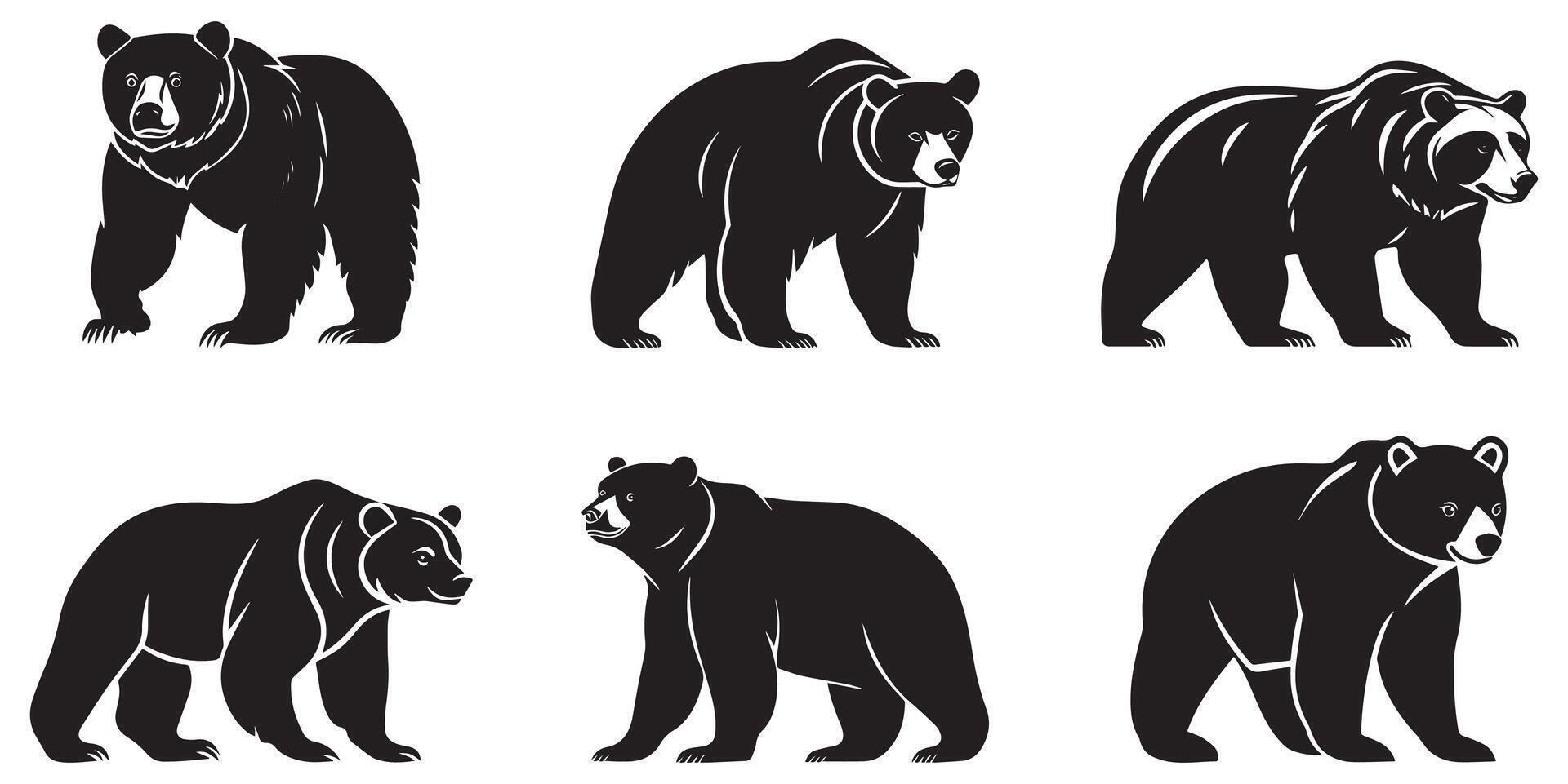 Bear Silhouette Set, Wildlife Black and White Clipart for Logos and Design Projects vector